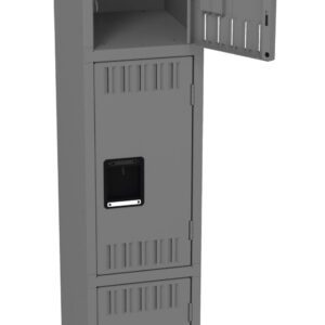 A tall, gray metal locker with three compartments stands against a plain background. The top compartment door is open, revealing an empty interior, while the two lower doors are closed. Each compartment has a small handle and ventilation slits.