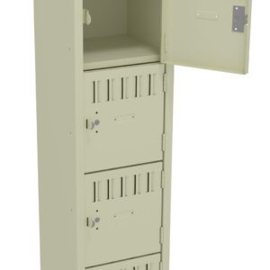 A tall beige metal locker with six compartments, each with a lock. The second compartment from the top is open, revealing an empty interior.