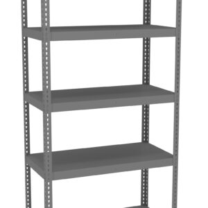 A gray, five-tier metal shelving unit stands against a white background. The shelves are evenly spaced and supported by vertical metal beams with holes for adjustable shelving heights.