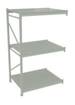 A gray metal shelf with three tiers, designed for storage. It has a simple, open-frame construction with horizontal slats on each level. The shelves are evenly spaced and supported by vertical bars. The background is plain white.