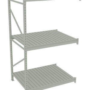 A gray metal shelf with three tiers, designed for storage. It has a simple, open-frame construction with horizontal slats on each level. The shelves are evenly spaced and supported by vertical bars. The background is plain white.