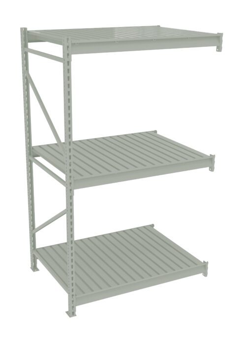 A gray metal shelf with three tiers, designed for storage. It has a simple, open-frame construction with horizontal slats on each level. The shelves are evenly spaced and supported by vertical bars. The background is plain white.