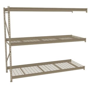 A beige metal shelving unit with three wire mesh shelves and a vertical support frame. The shelves are evenly spaced for organizing or storing items and are designed for utility and durability. The unit is positioned against a plain background.