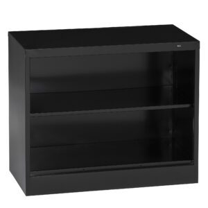 A black, rectangular metal storage cabinet with two open shelves and a smooth, flat top. The cabinet has a glossy finish and its simple design makes it suitable for office or home storage needs.