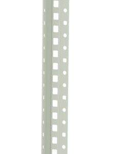 Close-up of a long, thin, metallic rail with evenly spaced perforations along its length. The rail is vertically oriented against a plain, white background.