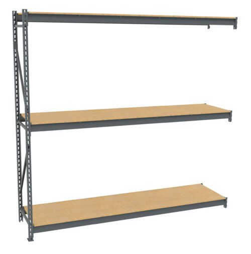A metal shelving unit with three wooden shelves and a gray frame is shown. The shelves are evenly spaced, with a sturdy and minimalist design suitable for storage or organization.