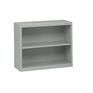 A gray metal two-shelf bookcase with adjustable shelves is shown. The design is simple and functional, suitable for office or home use. The bookcase is empty and positioned against a white background.