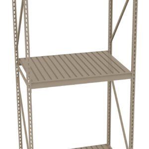 A beige metal shelving unit with three tiers. The shelves are slatted, and the structure includes supportive side and back braces. The unit is empty and isolated on a white background.