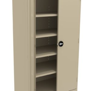 A beige metal cabinet with one door slightly open, revealing four adjustable shelves inside. The cabinet has a round black handle on the open door.