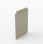 A beige, rectangular metal panel with notched edges is standing upright on a light gray surface. The panel has flat brackets at the top and bottom for mounting or attachment. The background is plain white.