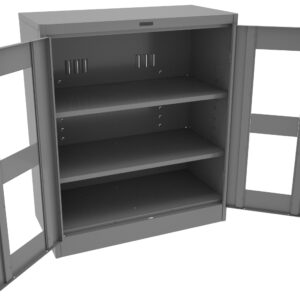 A metal storage cabinet with two open glass-paneled doors. The interior features two adjustable shelves. The cabinet is gray and stands on a solid base.