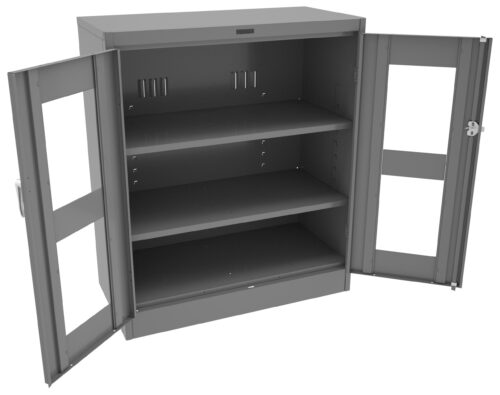 A metal storage cabinet with two open glass-paneled doors. The interior features two adjustable shelves. The cabinet is gray and stands on a solid base.