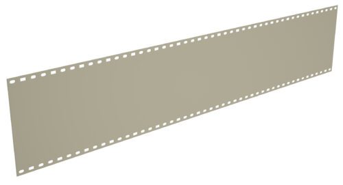 A long beige perforated sheet with evenly spaced rectangular holes along the top and bottom edges, resembling vintage computer punch tape used for data storage.