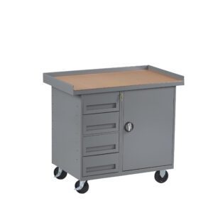 A gray mobile tool cabinet with four drawers on the left and a single door compartment on the right. It has a flat, wooden top surface and four caster wheels for mobility.