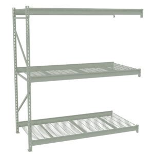 A metal shelving unit featuring three open grid shelves and a simple frame. The shelves are evenly spaced, resembling wire mesh cages, perfect for storage or organizational use. Its sturdy construction and minimalist design make it an ideal choice for any space.