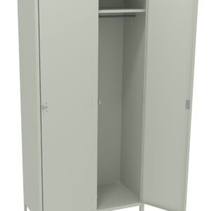 A tall, gray metal locker with two vertical doors. One door is closed, and the other is open, revealing an interior with a hanging rod and empty space. The locker stands on four small legs.