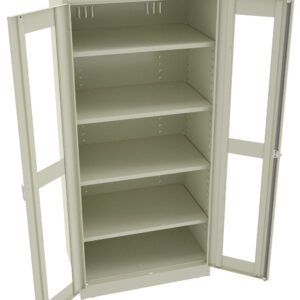 A beige metal storage cabinet with open doors reveals five adjustable shelves. The cabinet has a simple, industrial design and is empty, showcasing its storage capacity.