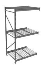 A gray metal storage rack with three wire shelves is shown. The rack has an open design and sturdy frame, suitable for organizing various items in a garage, warehouse, or workshop setting.