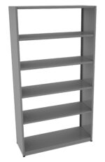 A tall, gray, metal bookshelf with five evenly spaced shelves, empty and standing against a plain white background. The design is simple and modern, suitable for organizing books or storage items.