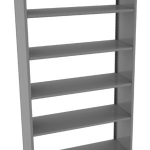 A tall, gray, metal bookshelf with five evenly spaced shelves, empty and standing against a plain white background. The design is simple and modern, suitable for organizing books or storage items.