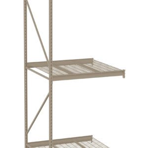 A metal shelving unit with three shelves, featuring a perforated design on two upper shelves and a wire grid pattern on the bottom shelf. The structure is supported by vertical beams with diagonal bracing on one side.