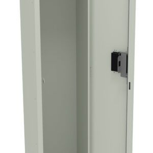 Tall, single-door metal locker with the door open, revealing a spacious interior. Features a top shelf, a hanging rod for clothes, and multiple hooks on the sides. The locker is light gray and stands on short raised legs.