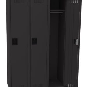 Three black metal lockers, with two closed and one open. The open locker reveals a hanging rod inside. The lockers have vents at the top and bottom of each door, and black handles centered on each door.