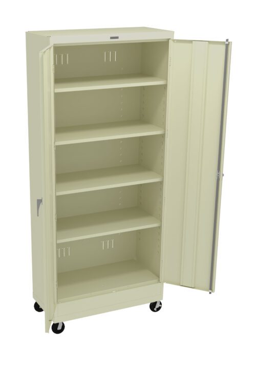ebnapx2q8r27axp8oxbj.jpg A beige metal storage cabinet with one door open, revealing five empty shelves. The cabinet is equipped with wheels at the bottom for mobility.