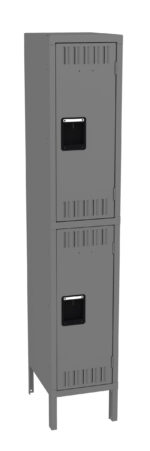 A tall, gray metal locker with two stacked compartments, each featuring a black handle and ventilation slits. The locker stands on four legs and has a simple, utilitarian design.