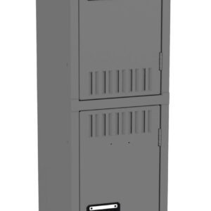 A tall, gray metal locker with two stacked compartments, each featuring a black handle and ventilation slits. The locker stands on four legs and has a simple, utilitarian design.