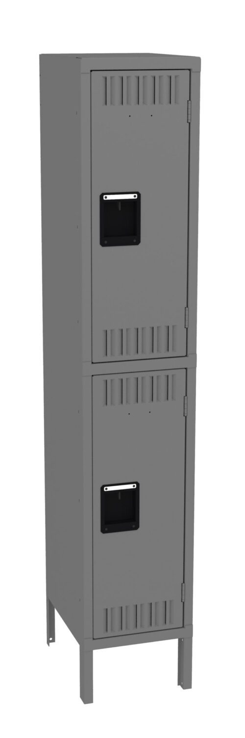 A tall, gray metal locker with two stacked compartments, each featuring a black handle and ventilation slits. The locker stands on four legs and has a simple, utilitarian design.