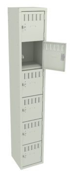 A tall, beige metal locker with six compartments stacked vertically. The top compartment is open, revealing an empty interior. Each compartment has a vented door with a small lock. The locker is shown against a plain background.