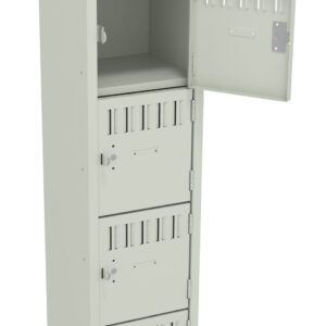 A tall, beige metal locker with six compartments stacked vertically. The top compartment is open, revealing an empty interior. Each compartment has a vented door with a small lock. The locker is shown against a plain background.