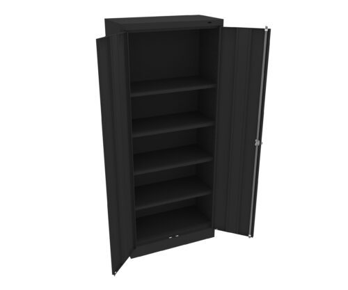 A tall, black metal cabinet with two open doors revealing five empty shelves inside.