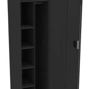 Black metal storage cabinet with one door open, revealing four interior shelves on the left and a long compartment with a hanging hook on the right. The exterior has a sleek and minimalist design.