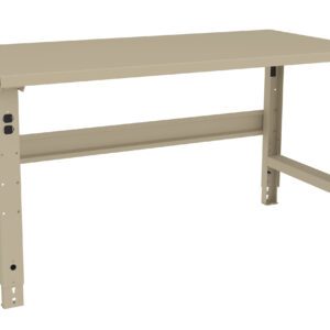 A beige, adjustable metal workbench with a flat top and four sturdy legs. The bench has holes in the legs for height adjustment and support bars underneath for stability.