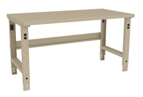A beige, adjustable metal workbench with a flat top and four sturdy legs. The bench has holes in the legs for height adjustment and support bars underneath for stability.