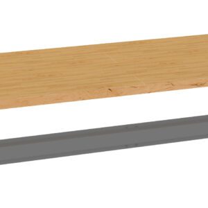 Wooden plank laying flat, with a separate long, rectangular gray metal bracket aligned parallel beneath it. The plank appears smooth with a natural wood grain, while the bracket is solid and industrial in design.