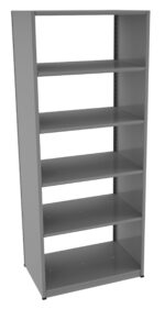 A tall, gray metal shelving unit with five evenly spaced shelves. The shelves are empty and the unit has a simple, industrial design. The background is plain white.