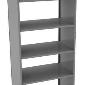 A tall, gray metal shelving unit with five evenly spaced shelves. The shelves are empty and the unit has a simple, industrial design. The background is plain white.