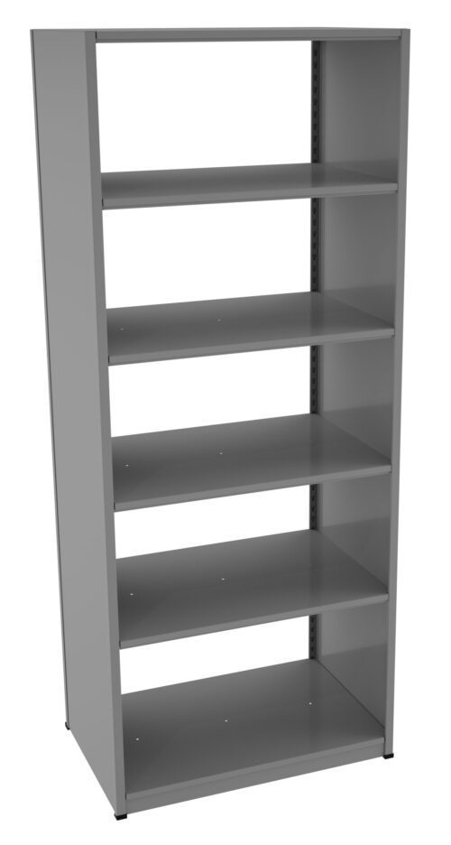 A tall, gray metal shelving unit with five evenly spaced shelves. The shelves are empty and the unit has a simple, industrial design. The background is plain white.