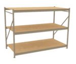 A three-tiered metal shelving unit with wooden shelves. The frame is metallic and supports three evenly spaced, rectangular, wooden shelves, suitable for storage or organizing items. The background is plain and white.