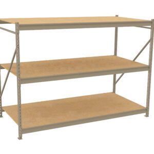 A three-tiered metal shelving unit with wooden shelves. The frame is metallic and supports three evenly spaced, rectangular, wooden shelves, suitable for storage or organizing items. The background is plain and white.