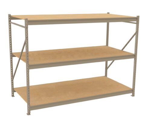 A three-tiered metal shelving unit with wooden shelves. The frame is metallic and supports three evenly spaced, rectangular, wooden shelves, suitable for storage or organizing items. The background is plain and white.