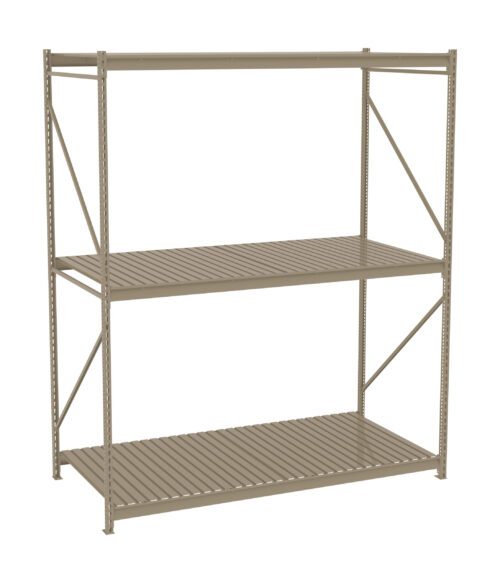 A beige, three-tier metal shelving unit with slatted shelves and cross-bracing on the sides for support, set against a plain white background.