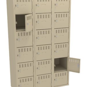 A beige metal locker unit with fifteen compartments arranged in three columns and five rows. Some of the locker doors are open, revealing empty interior spaces. Each locker has a ventilation slot at the top and a lock mechanism.