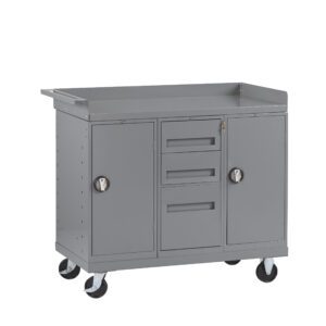 Gray rolling tool cart with two cabinets, three drawers, and swivel caster wheels. Made of metal, it features a handle on one side and lockable doors. Ideal for organizing tools in a garage or workshop.