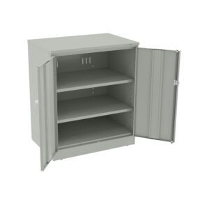 A gray metal storage cabinet with two doors open, revealing three shelves inside. The cabinet is empty and standing against a plain white background.