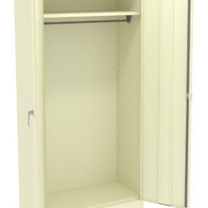 A beige metal wardrobe cabinet with one door open. Inside, theres a hanging rod and a single top shelf. The cabinet is simple and functional, featuring a handle on the left door.