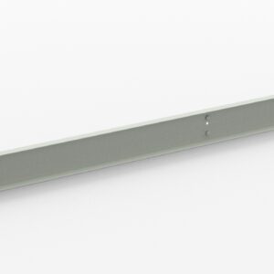 A long, thin metal beam with a light gray color, featuring small holes along its length. It is positioned diagonally against a plain white background.